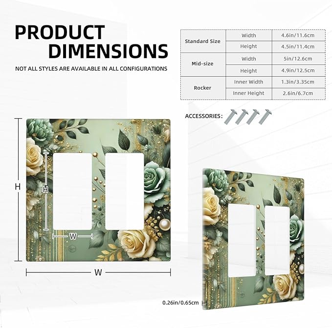 Decorative Outlet Covers Rustic Green Floral Leaves Teal Flowers Gold Stripe 2 Gang Wall Plate Double Rocker Two Switch Wall Cover Plate Jumbo Dual GFCI Faceplate