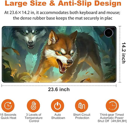 Small Heated Desk Pad 23.6" x 14.2" – Compact Electric Mouse Pad with 3 Heating Levels, Auto Shut-Off, Waterproof PU Surface, Plug-in Warmer for Office or Home Use, Forest Wolves