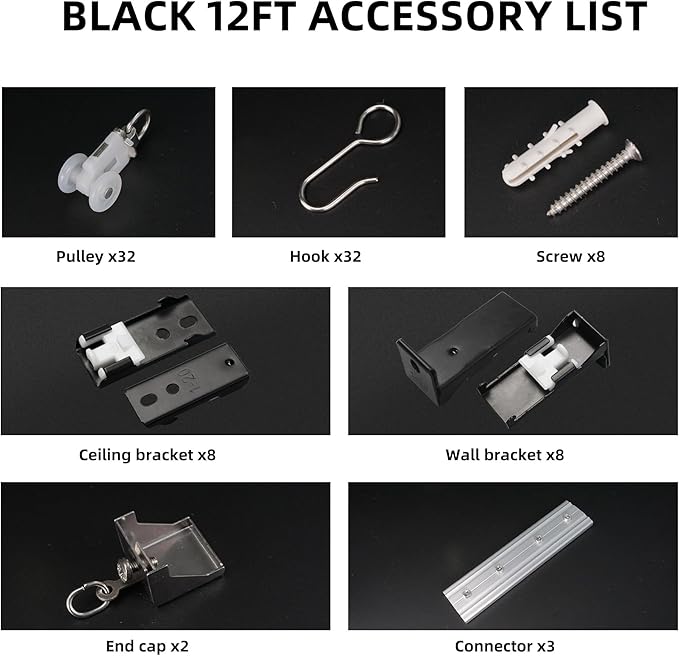 Curtain Track for Ceiling or Wall, Heavy Duty Aluminum Alloy with Smooth Sliding, Easy to Install, Black, 3ft To 12ft