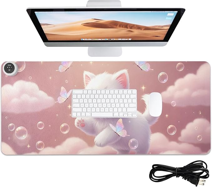 Large Heated Mouse Pad,Leather Desk Mat,31.5"x13",Hand Warmer Pads for Desk,Kitty Bubbles(Pale Pink)