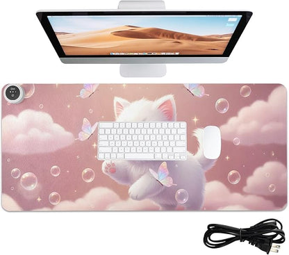 Large Heated Mouse Pad,Leather Desk Mat,31.5"x13",Hand Warmer Pads for Desk,Kitty Bubbles(Pale Pink)
