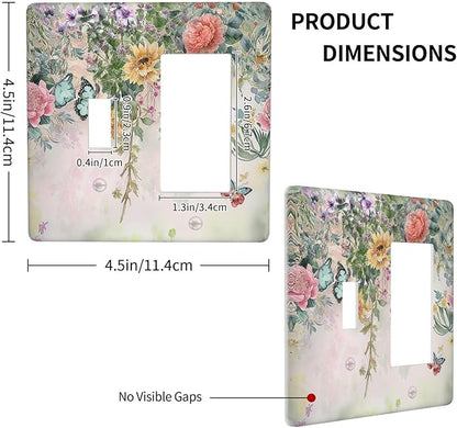 Rustic Floral Watercolor Flower Blossom Butterfly 2 Gang Combo 1 Toggle 1 Rcoker Light Switch Covers Decorative Switch Plates Electrical Switch Plates and Outlet Covers for Home Art Decor 4.5 X 4.5 IN