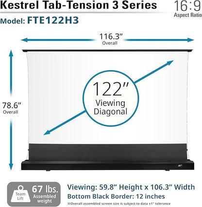 Elite Screens Kestrel Tab-Tension 3 CineWhite, 122 inch 16:9 Aspect Ratio, ISF Certified, Electric Floor-Rising Motorized Tab-Tensioned Front Projector Screen, Programmed Remote Kit, FTE122H3