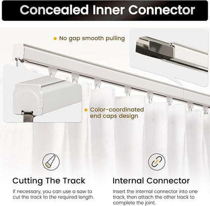 Aluminum 6 ft–9 ft Ceiling Curtain Track Set with 3 Types of Hooks, Adjustable Ceiling/Wall Mount Room Divider Curtain Rail System, White
