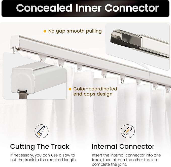 Aluminum 12 ft–15 ft Ceiling Curtain Track Set with 3 Types of Hooks, Adjustable Ceiling/Wall Mount Room Divider Curtain Rail System, White