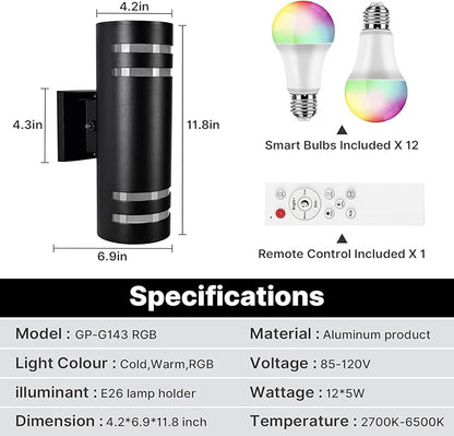 RGB Up and Down Lights Outdoor Wall Lights 6 Packs, Smart Color Changing Outdoor Wall Sconce WiFi Voice & App Control,Aluminum Waterproof Exterior Lights for Porch Compatible with Alexa