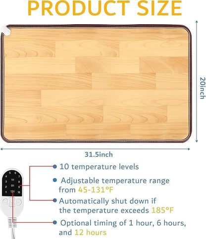 PVC 110V Heated Floor Mat Heater for Foot Warmer Under Desk 31.5 x 20 Inch Carbon Crystal Wood Stripe Electric Heating Carpet Pad Energy Saving Indoor Heated Rug for Home Office House Brown