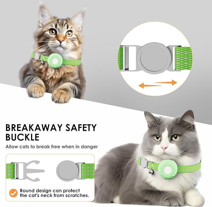 Cat Tracker, Waterproof Pet Tracker for Cats, Cat Tracker Collar with Safety Elastic Buckle, Compatible with Apple Find My App (Only iOS), No Monthly Fee, Light Green