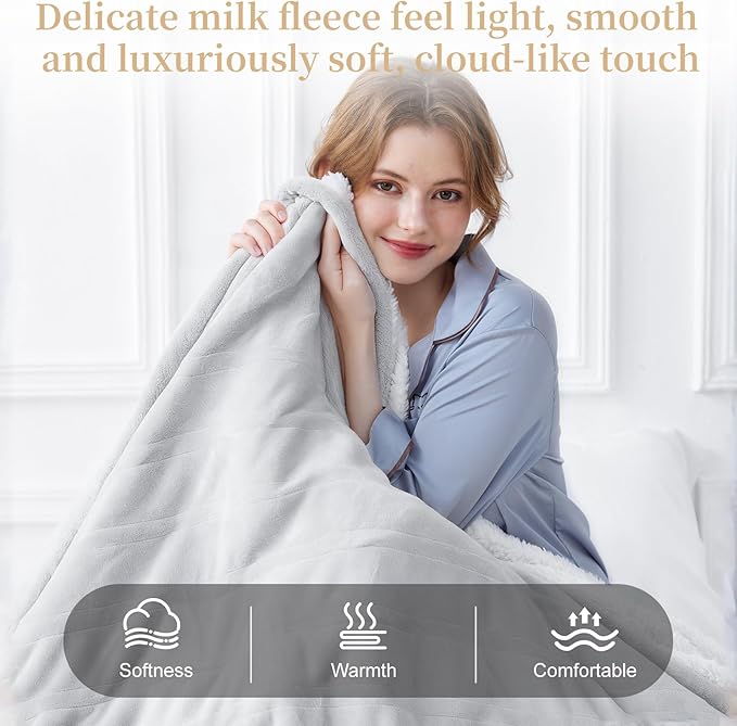 Electric Heated Blanket Full Size 72" x 84", Soft Plush Flannel & Sherpa Electric Blanket with 8 Heat Settings, 1-12H Auto-Off, Fast & Even Heating, Machine Washable, for Home & Office, Light Gray