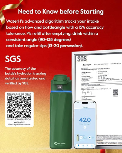 BOOST Smart Water Bottle with Reminder & Tracker, 24oz Vacuum Insulated Bottles Stainless Steel, BPA-Free, Wide Mouth, Ideal Gift for Men, Women, Christmas, New Year, Gym, Office, School