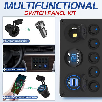 5 Gang Rocker Switch Panel UL Listed 12 Volt ON-Off Switch Panel Blue LED with Inline Fuse & 4.8A USB Charger Socket & Digital Voltmeter & 12V Cigarette Lighter Socket for Marine Boat Car