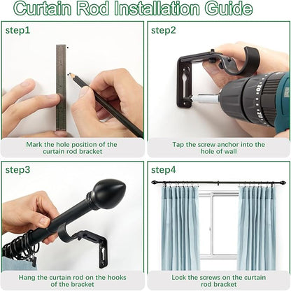 Curtain Rods for Windows 16 to 150 inches, Curtain Rod Max Adjustable Length to 158 in, Drapery Rod 1 inch Diameter with Modern Knobs Finials (Black, 16" to 150" - Set of 1)