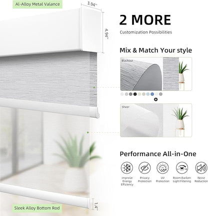 ZSTARR Motorized Day and Night Dual Smart Blind for Window with Valance Rechargeable Motor,Blackout Roller Shade Custom Size,with Valance Suitable for Home,Office (Full Blackout Gray)