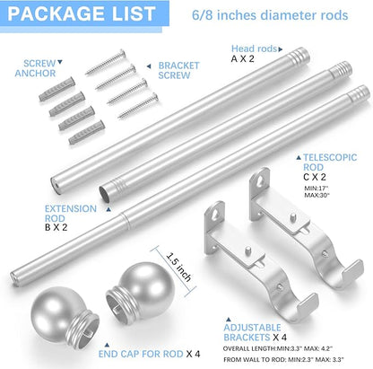Curtain Rods for Windows 16 to 48 Inches, Curtain Rod Max Adjustable Length of 60 IN, 6/8" Diameter Drapery Rods Round Finials, Satin Silver, Pack of 2