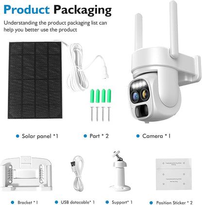 Hawkray Pannel Solar Wireless Outdoor Battery Security Camera， Dual-Lens, 10xZoom, 2K Resolution 3MP 360°Pan/Tilt，2.4&5G WiFi Powered Camera
