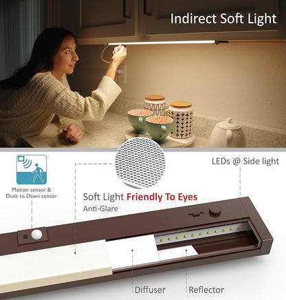 LED Under Cabinet Lighting Motion Sensored Hardwired with Built-in Dimmer, 24 Inch 12W Dimmable 5 Color 2700/3000/3500/4000/5000K, Linkable Eyes Care for Kitchen, Counter, ETL Listed, Bronze
