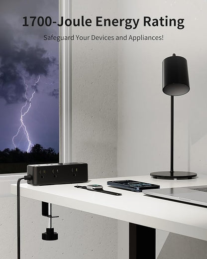 Desk Clamp Power Strip 15FT, Desktop Edge Mount Charging Station with 9 AC Outlets, 1700J Under Desk Surge Protector, Fit 2.75" Tabletop, Extension Cord for Home Office, Black
