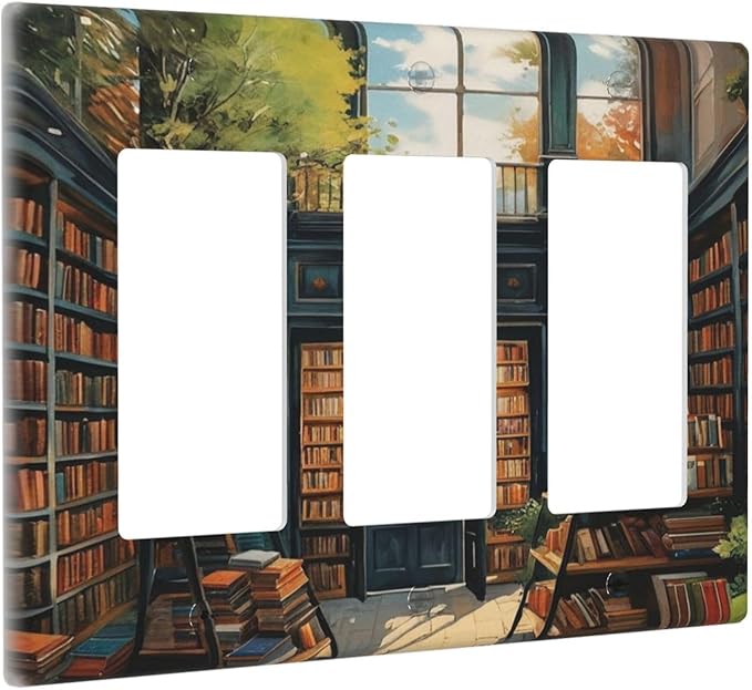 Library With A Lot Of Books 3 Gang Rocker Triple Outlet Wall Plate Decorative Switchplate Cover Faceplate GFCI Light Switch Covers for Farmhouse Living Decor