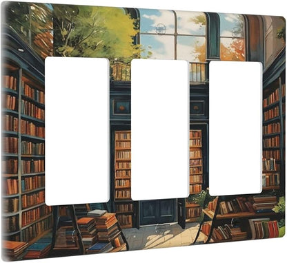Library With A Lot Of Books 3 Gang Rocker Triple Outlet Wall Plate Decorative Switchplate Cover Faceplate GFCI Light Switch Covers for Farmhouse Living Decor