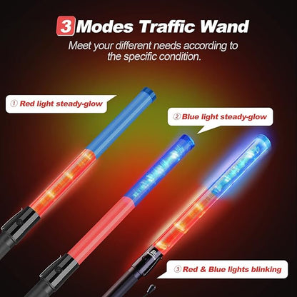 RoadHero 2 Pack 21 Inch Traffic Control Baton, Red and Blue LED Traffic Wand with 3 Flashing Modes, Air Marshaling Signal Wand with Side Clip for Airport, Parking, Car Directing
