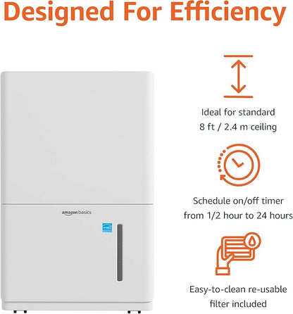 Amazon Basics Large Dehumidifier for Rooms, Energy Star Certified,Effectively Reduces Humidity, With Advanced Moisture Control, Timer, Auto-Defrost, Overflow Protection, up to 4000 SFT, 50 Pint, White