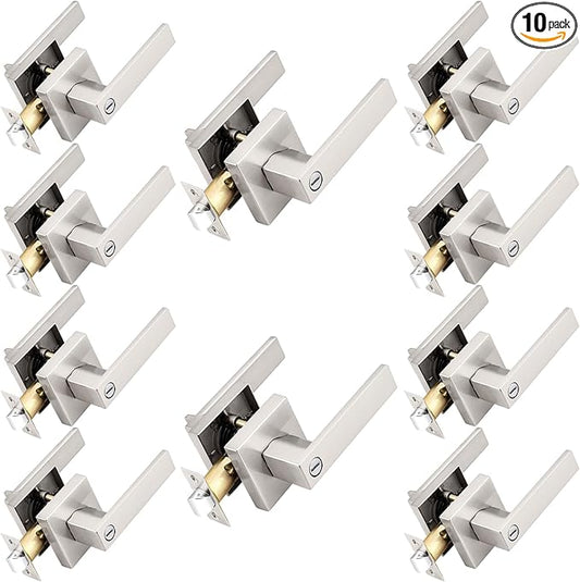 Probrico Interior Brushed Nickel Door Handle, Heavy Duty, Flat Square Privacy Door Handles, Keyless Door Levers Lockset for Bedroom and Bathroom (10 Pack, Modern)
