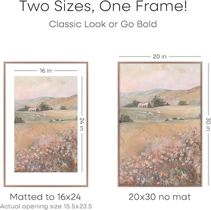 Homeforia 20x30 Poster Frame Mocha, High End Metal 20 x 30 Picture Frames with Mat 16 by 24 inch Photo, 30x20 Large Frame for Wall, 20x30 Thin Frame Matted to 16x24, Tempered Glass, Wall Kit, Set of 1