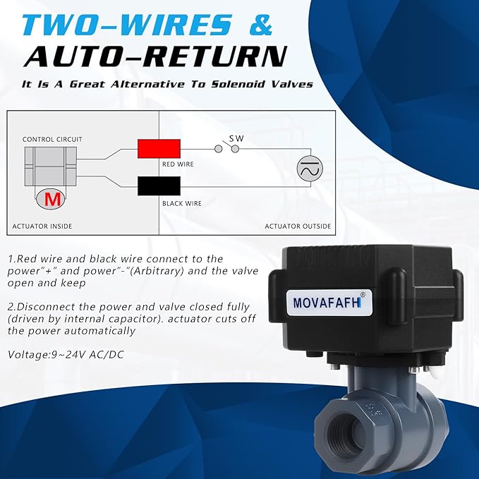 1/2" UPVC Motorized Ball Valve - 2 Wire Auto Return Electric Water Valve with Full Port, 9-24V AC/DC Automatic Ball Valve