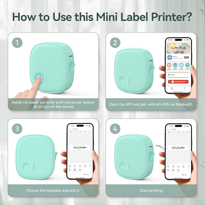 Mini Label Maker Machine with Tape – Portable Bluetooth Mini Label Printer, Wireless Thermal Label Maker, Waterproof & Rechargeable, Built-in Cutter, for Home, Office, School, Kitchen – Green