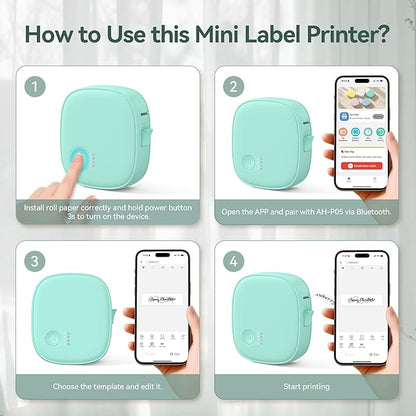 Mini Label Maker Machine with Tape – Portable Bluetooth Mini Label Printer, Wireless Thermal Label Maker, Waterproof & Rechargeable, Built-in Cutter, for Home, Office, School, Kitchen – Green
