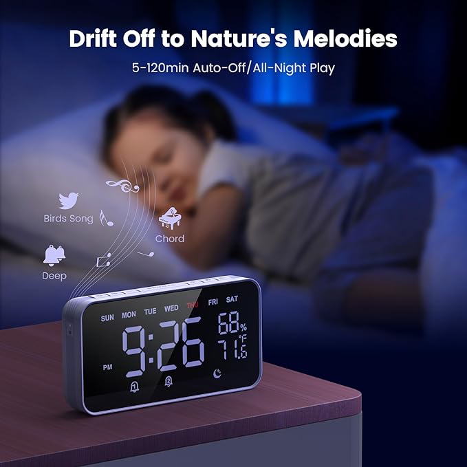 Dekala Digital Alarm Clocks for Bedrooms, Loud Alarm Clock for Heavy Sleepers, Temperature & Humidity Detect, Dual Alarms Weekday/Weekend Mode, Large Display Auto Dimmer, Sleep Sound，9 Ringtone