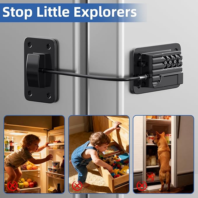 Refrigerator Lock, Heavy Duty Fridge Locks for Kids, Freezer Lock with Combination for Refrigerator Drawer Cabinet Safety, Easy to Install No Keys Needed Black