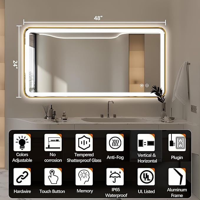 48"x24" Lighted Vanity Mirror with Lights, Gold Metal Frame Led Mirror for Bathroom, Anti-Fog Wall Mirror with Front and Backlit, Shatterproof, 3 Colors Stepless Dimmable, Horizontal/Vertical