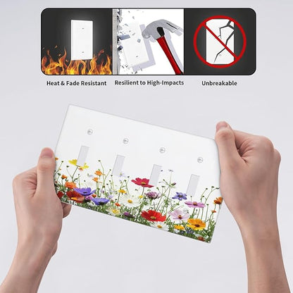 Light Switch Covers Colorful Wildflowers Plant Floral Daisy Quad Toggle Electrical Faceplate 4 Gang Wall Plate Decorative Switch Plates For Bed Room Living Room Decor