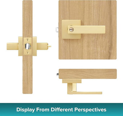 5 Pack Heavy Stain Brass Gold Door Handles, Locked Inside with Button Exterior/Interior Gold Door Knob with Lock Entry Door Lever with Keyed Alike Keys