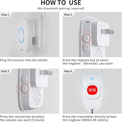 Caregiver Pagers Wireless Call Button for Elderly Patient Personal in Home Life Alert System for Seniors Range 260ft/80Menter,60 Ringtones (1SOS Button+1 Receiver)