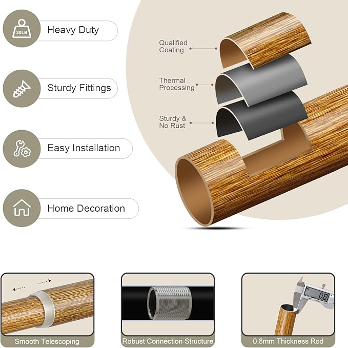 Wood Curtain Rods for Windows 48 to 84 Inch, 1'' Adjustable Heavy Duty Curtain Rod，Vintage Imitation Wood Grain Decorative Drapery Rods with Pumpkin Finials for Bedroom Living Room