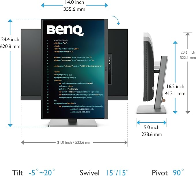 BenQ RD240Q 24.1” WQXGA BenQ Programming Monitor, 90W USB Type-C, Advanced Coding Modes, Coding HotKey, Ergonomic Design, 16:10 Special Ratio, Circadian Mode, Eye-Care Technology, Eco-Friendly Design