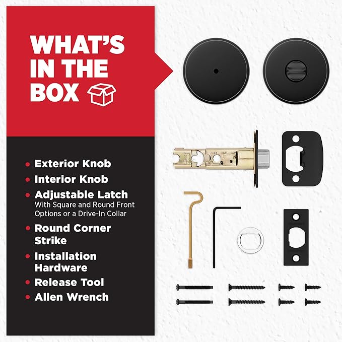 Kwikset Pismo Interior Privacy Door Knob with Lock, Door Handle For Bathroom and Bedroom, Matte Black Keyless Turn Lock Doorknob, with Microban Protection