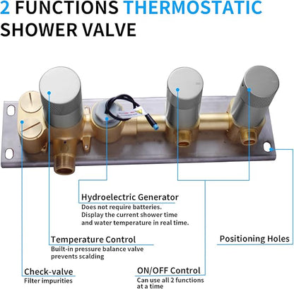 2 Way Shower Diverter Valve Brass 2 Functions Digital Temperature Display Thermostatic Shower Mixing Valve Kit 3 Handle Flow Cotrol Valve, Can Run Simultaneously Brushed Nickel