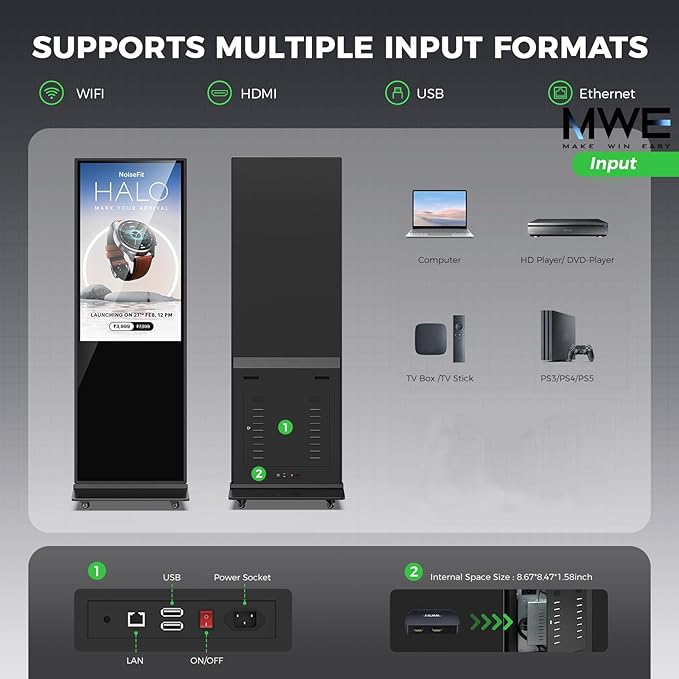 32 Inch Indoor Digital Signage Ultra HD Advertising Display Kiosk with Android OS Support Customizable Content and HDMI Input Commercial Totem Perfect for Retail Stores, Offices,and Restaurants