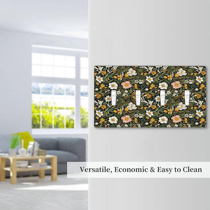 Decorative Light Switch Plate Covers Rustic Green Leaf White Daisy Yellow Floral 4 Gang Light Switch Cover Plate Quad Toggle Wall Plate Outlet Covers Faceplate for Bedroom Home Decor