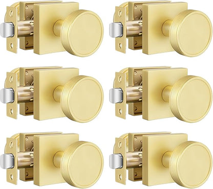 goldenwarm Passage Door Knob Gold, Zinc-Alloy Modern Brushed Gold Closet Door Knob Interior for Hallways, Heavy Duty Square Gold Modern Doorknob - 6 Pack