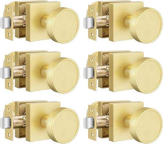 goldenwarm Passage Door Knob Gold, Zinc-Alloy Modern Brushed Gold Closet Door Knob Interior for Hallways, Heavy Duty Square Gold Modern Doorknob - 6 Pack