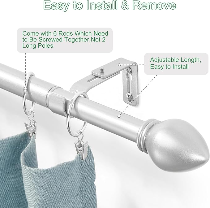 Curtain Rods for Windows 16 to 92 inches, Curtain Rod Max Adjustable Length to 104 in, Drapery Rod 1 inch Diameter with Modern Knobs Finials (Satin Silver, 16" to 92" - Set of 1)