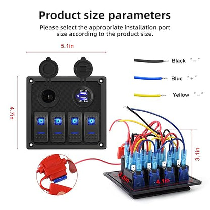 4 Gang Rocker Switch Panel - Multi-Function LED On-Off Switch with 3.1A Dual USB Charger, Waterproof Marine Switch Panel for Automotive Cars, Boats, RVs, SUVs