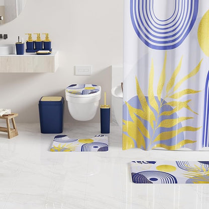 Bathroom Set - Bathroom Sets with Shower Curtain and Rugs, Bathroom Accessory Set, Navy Blue Bathroom Accessories Set with Trash Can, Toilet Brush and Soap Dispensers