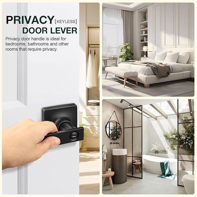 GOBEKOR 3 Pack Privacy Door Levers & Handles with Lock - Square Black Lever Door Handles for Bedroom & Bathroom
