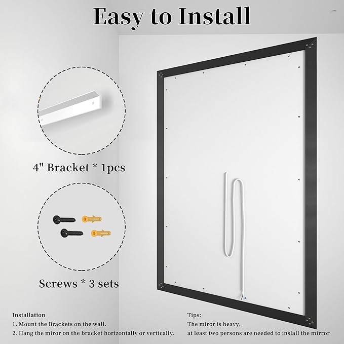 LED Bathroom Mirror: 40x32 Inch LED Bathroom Vanity Mirror - Black Framed Lighted Mirror for Bathroom Anti-Fog Gesture Control Dimmable Memory Function Tempered Glass