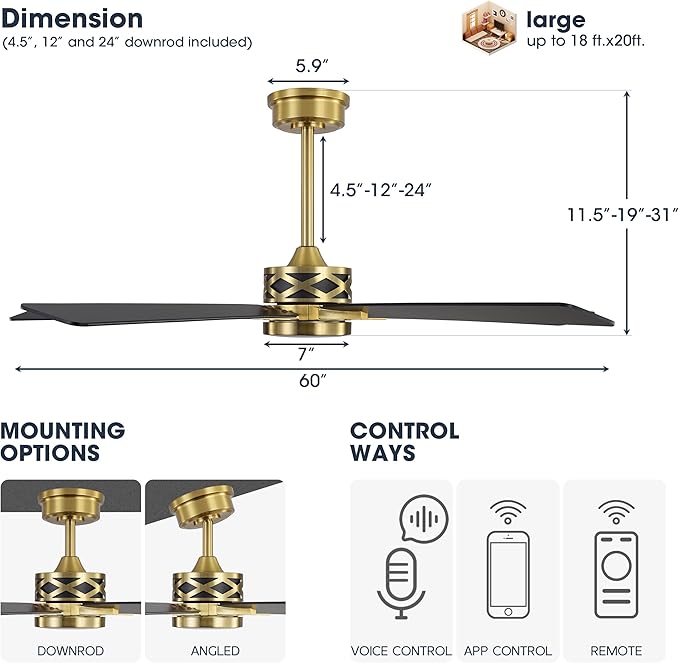 WINGBO 60" Smart Ceiling Fan with Lights and 3 Downrods, 5 Plywood Blades, 6 Speeds Reversible DC Motor, Works with Alexa and Google Assistant, 3CCT Dimmable LED Large Ceiling Fans, Brass and Black